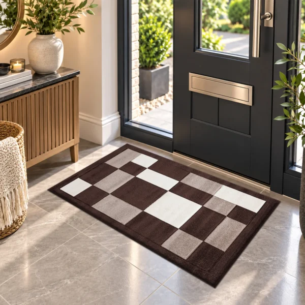 Havana Brown Beige geometric rug 60 x 110 cm, medium pile with jute backing, in a living room