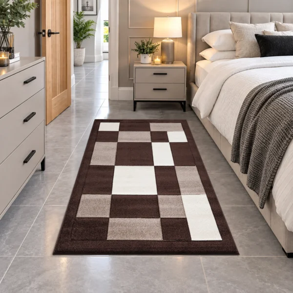 Havana Brown Beige geometric rug 80 x 150 cm, medium pile with jute backing, in a living room
