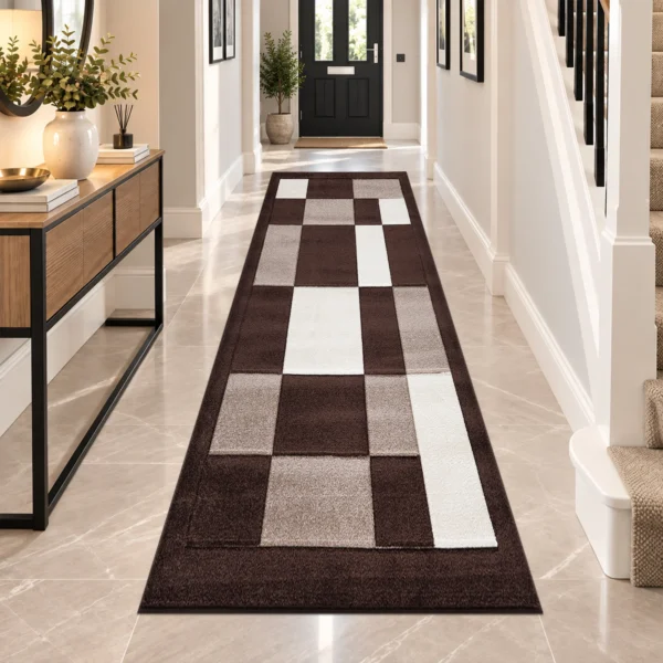 Havana Geometric Rug Brown Beige 80 x 300 cm Havana Brown Beige geometric rug 80 x 300 cm, medium pile with jute backing, in a living room