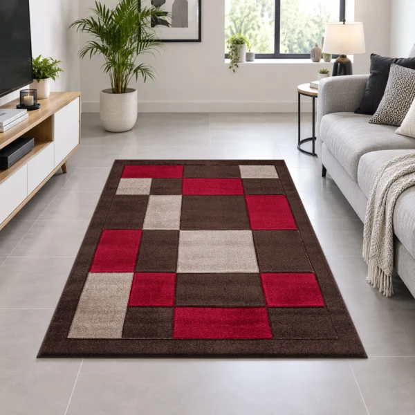 Havana Brown Red geometric rug 120 x 170 cm, medium pile with jute backing, in a living room