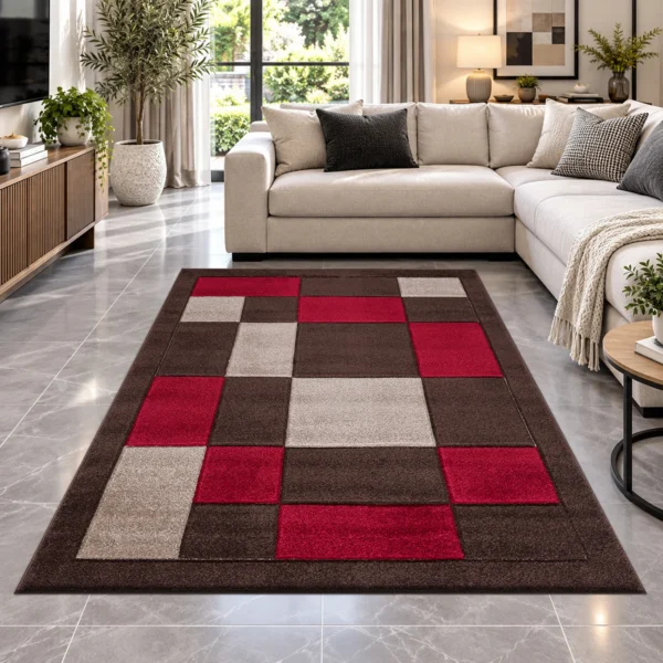 Havana Brown Red geometric rug 160 x 230 cm, medium pile with jute backing, in a living room