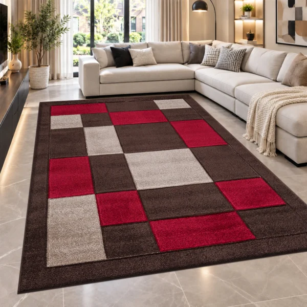 Havana Geometric Rug Brown Red 200 x 290 cm Havana Brown Red geometric rug 200 x 290 cm, medium pile with jute backing, in a living room