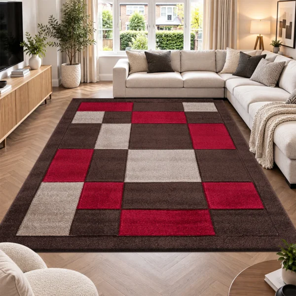 Havana Brown Red geometric rug 240 x 320 cm, medium pile with jute backing, in a living room