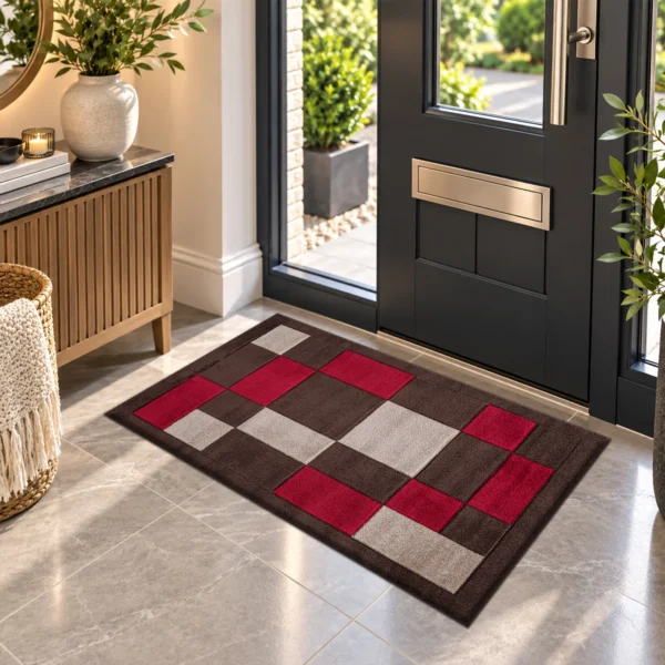 Havana Geometric Rug Brown Red 60 x 110 cm Havana Brown Red geometric rug 60 x 110 cm, medium pile with jute backing, in a living room