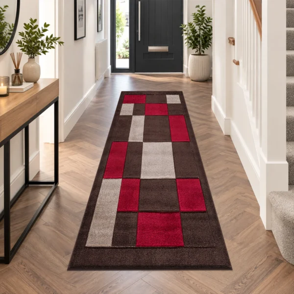 Havana Geometric Rug Brown Red 60 x 220 cm Havana Brown Red geometric rug 60 x 220 cm, medium pile with jute backing, in a living room
