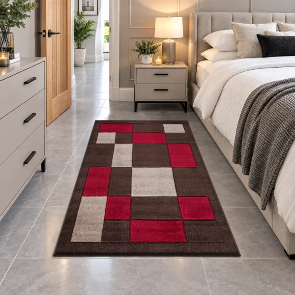 Havana Geometric Rug Brown Red 80 x 150 cm Havana Brown Red geometric rug 80 x 150 cm, medium pile with jute backing, in a living room