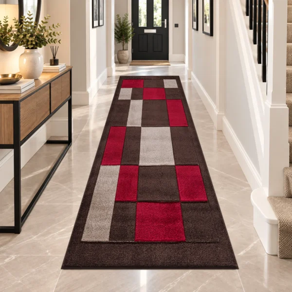 Havana Brown Red geometric rug 80 x 300 cm, medium pile with jute backing, in a living room