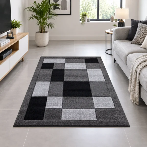 Havana Dark Grey geometric rug 120 x 170 cm, medium pile with jute backing, in a living room