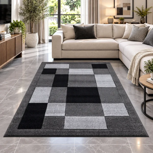 Havana Geometric Rug Dark Grey 160 x 230 cm Havana Dark Grey geometric rug 160 x 230 cm, medium pile with jute backing, in a living room