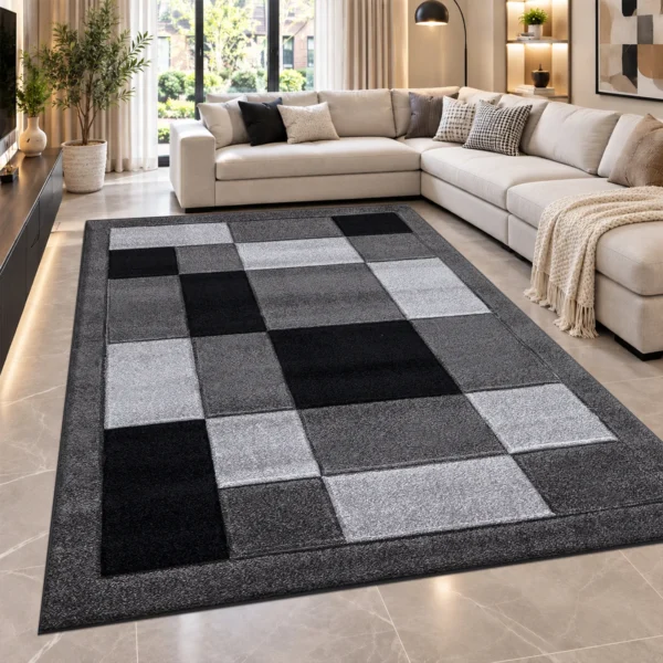 Havana Geometric Rug Dark Grey 200 x 290 cm Havana Dark Grey geometric rug 200 x 290 cm, medium pile with jute backing, in a living room