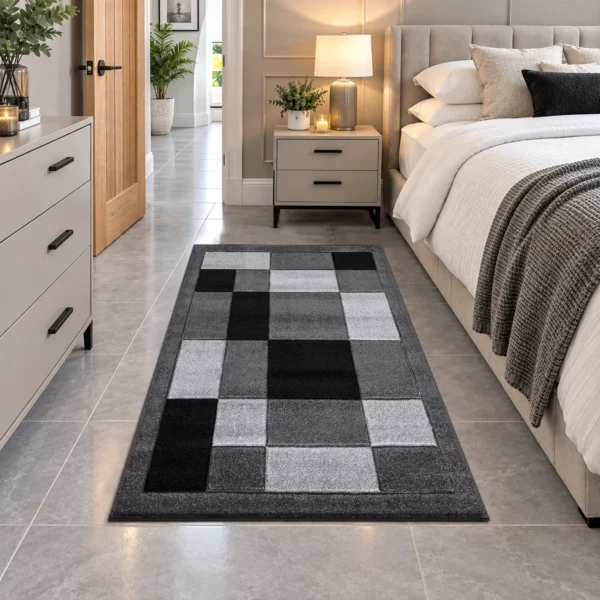 Havana Dark Grey geometric rug 80 x 150 cm, medium pile with jute backing, in a living room