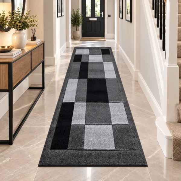 Havana Geometric Rug Dark Grey 80 x 300 cm Havana Dark Grey geometric rug 80 x 300 cm, medium pile with jute backing, in a living room