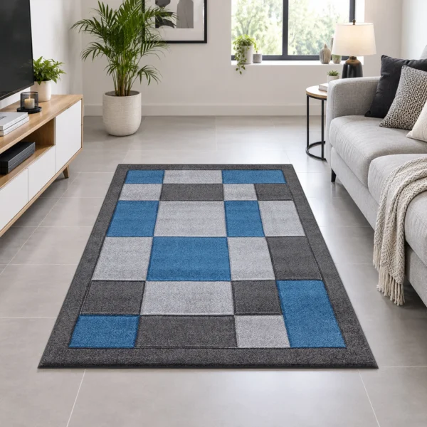 Havana Dark Grey Blue geometric rug 120 x 170 cm, medium pile with jute backing, in a living room