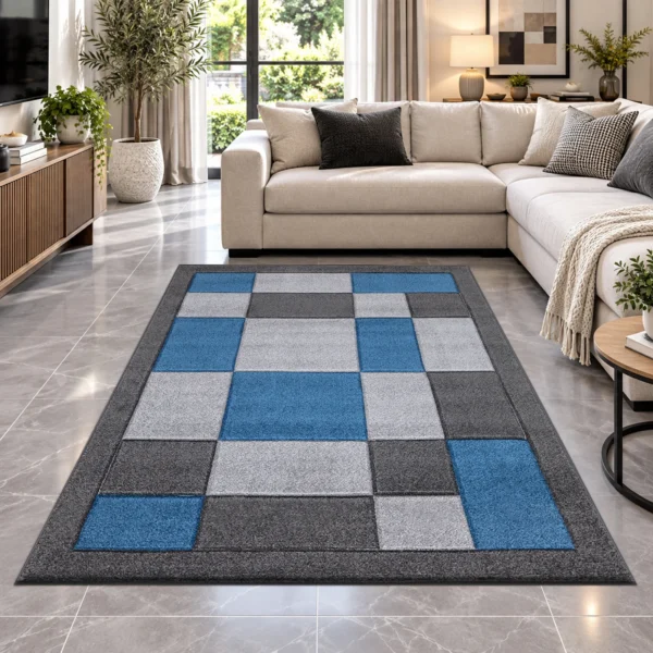 Havana Geometric Rug Dark Grey Blue 160 x 230 cm Havana Dark Grey Blue geometric rug 160 x 230 cm, medium pile with jute backing, in a living room