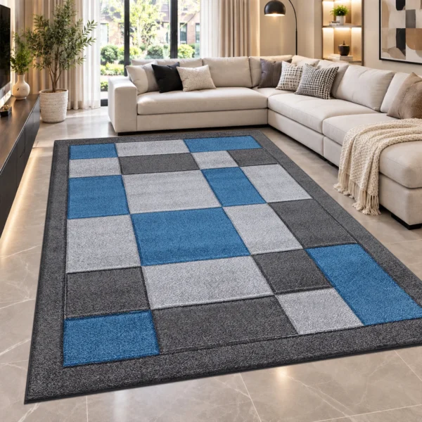 Havana Geometric Rug Dark Grey Blue 200 x 290 cm Havana Dark Grey Blue geometric rug 200 x 290 cm, medium pile with jute backing, in a living room