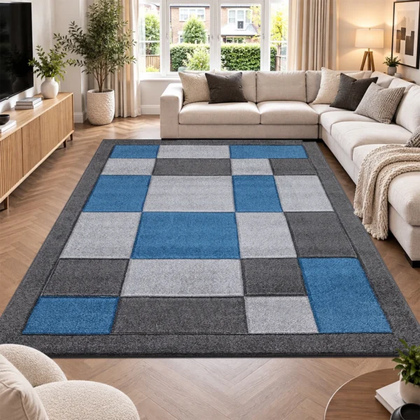 Havana Geometric Rug Dark Grey Blue 240 x 320 cm Havana Dark Grey Blue geometric rug 240 x 320 cm, medium pile with jute backing, in a living room