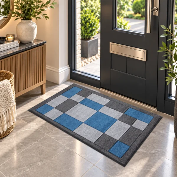 Havana Dark Grey Blue geometric rug 60 x 110 cm, medium pile with jute backing, in a living room