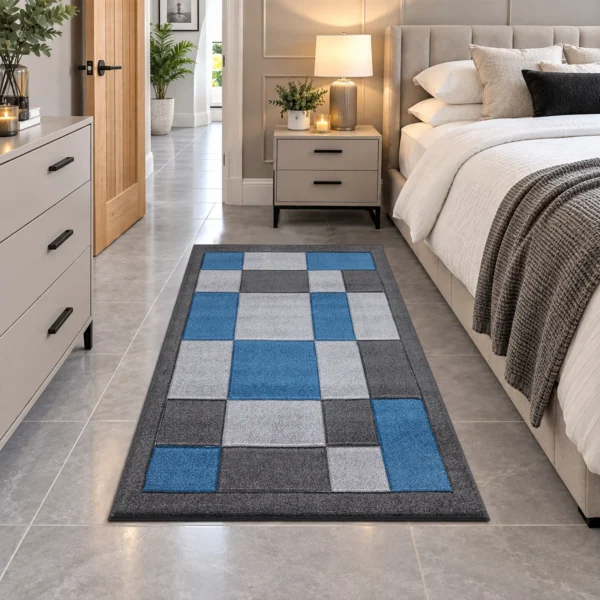 Havana Dark Grey Blue geometric rug 80 x 150 cm, medium pile with jute backing, in a living room