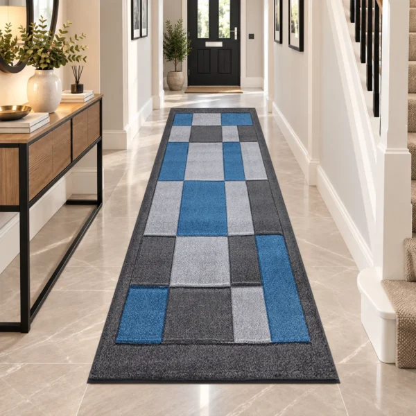 Havana Geometric Rug Dark Grey Blue 80 x 300 cm Havana Dark Grey Blue geometric rug 80 x 300 cm, medium pile with jute backing, in a living room