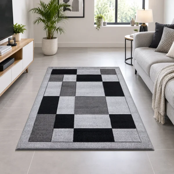 Havana Geometric Rug Grey Black 120 x 170 cm Havana Grey Black geometric rug 120 x 170 cm, medium pile with jute backing, in a living room