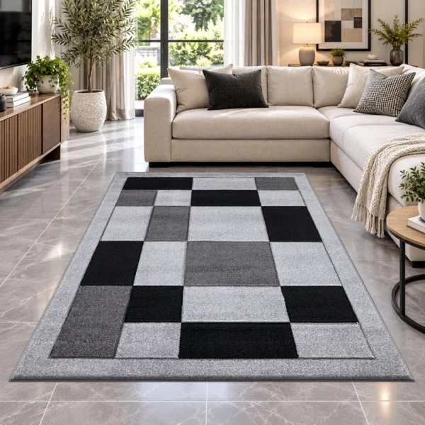 Havana Geometric Rug Grey Black 160 x 230 cm Havana Grey Black geometric rug 160 x 230 cm, medium pile with jute backing, in a living room
