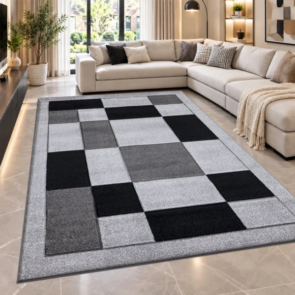 Havana Geometric Rug Grey Black 200 x 290 cm Havana Grey Black geometric rug 200 x 290 cm, medium pile with jute backing, in a living room