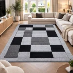Havana Grey Black geometric rug 240 x 320 cm, medium pile with jute backing, in a living room