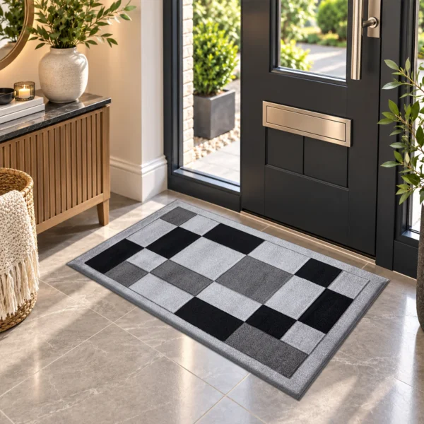 Havana Grey Black geometric rug 60 x 110 cm, medium pile with jute backing, in a living room
