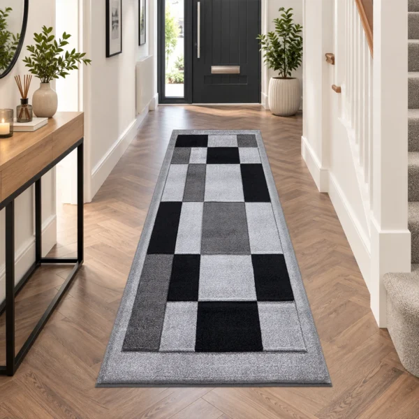 Havana Grey Black geometric rug 60 x 220 cm, medium pile with jute backing, in a living room