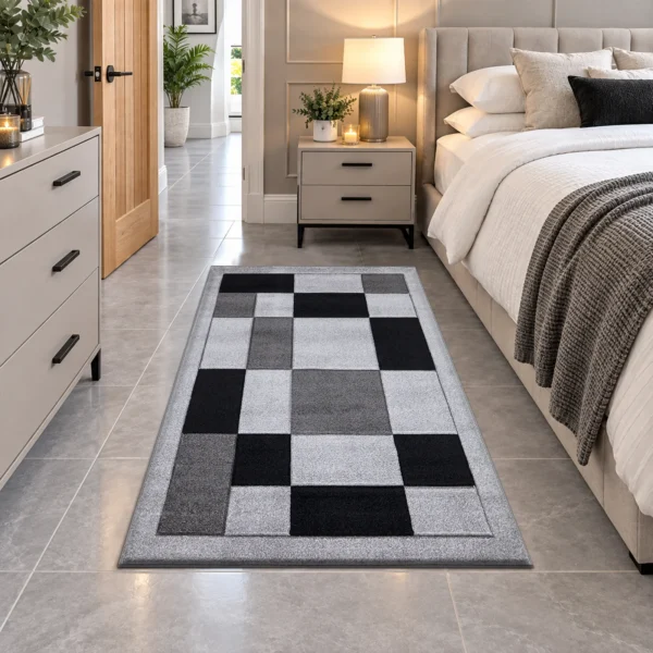 Havana Grey Black geometric rug 80 x 150 cm, medium pile with jute backing, in a living room