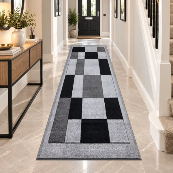 Havana Grey Black geometric rug 80 x 300 cm, medium pile with jute backing, in a living room