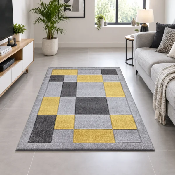 Havana Geometric Rug Grey Ochra 120 x 170 cm Havana Grey Ochra geometric rug 120 x 170 cm, medium pile with jute backing, in a living room