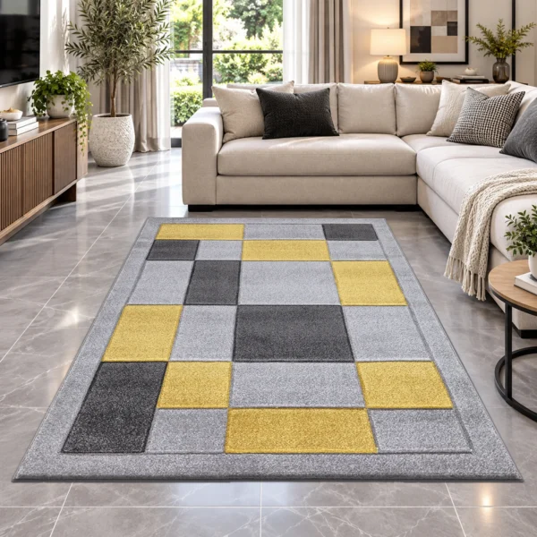 Havana Geometric Rug Grey Ochra 160 x 230 cm Havana Grey Ochra geometric rug 160 x 230 cm, medium pile with jute backing, in a living room