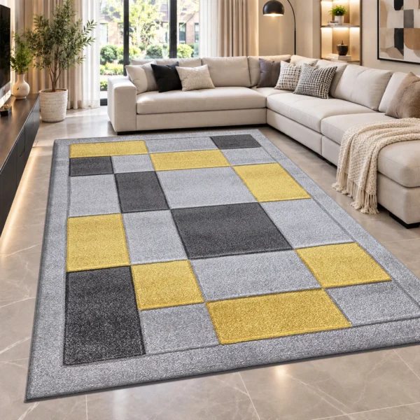 Havana Geometric Rug Grey Ochra 200 x 290 cm Havana Grey Ochra geometric rug 200 x 290 cm, medium pile with jute backing, in a living room