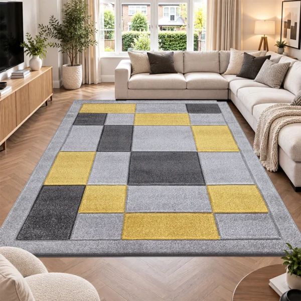 Havana Geometric Rug Grey Ochra 240 x 320 cm Havana Grey Ochra geometric rug 240 x 320 cm, medium pile with jute backing, in a living room