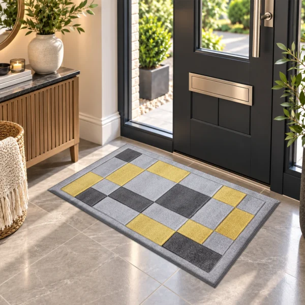 Havana Geometric Rug Grey Ochra 60 x 110 cm Havana Grey Ochra geometric rug 60 x 110 cm, medium pile with jute backing, in a living room
