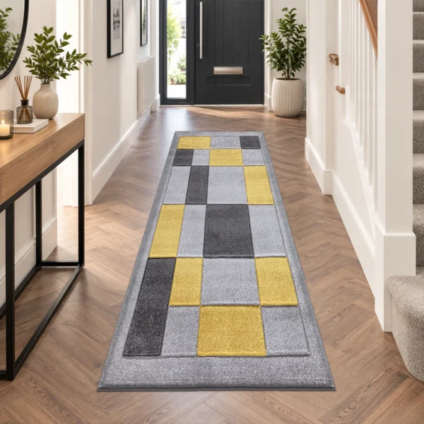 Havana Geometric Rug Grey Ochra 60 x 220 cm Havana Grey Ochra geometric rug 60 x 220 cm, medium pile with jute backing, in a living room