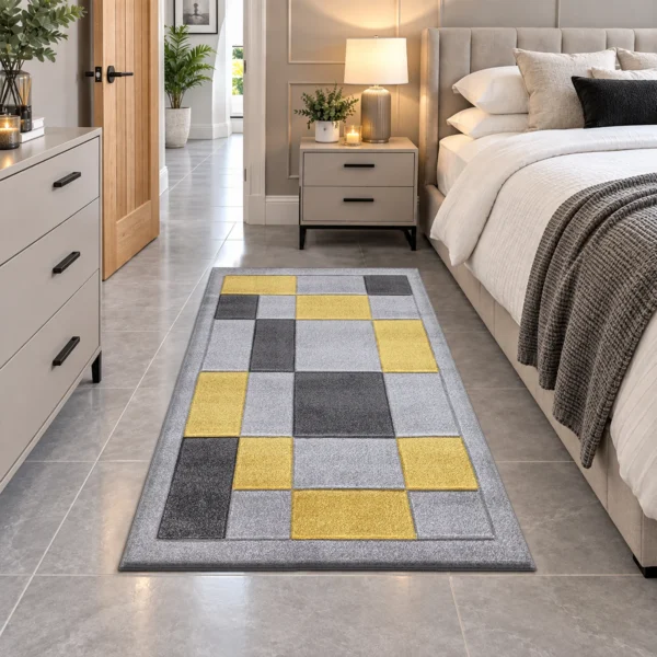 Havana Geometric Rug Grey Ochra 80 x 150 cm Havana Grey Ochra geometric rug 80 x 150 cm, medium pile with jute backing, in a living room