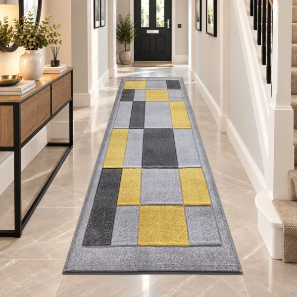 Havana Geometric Rug Grey Ochra 80 x 300 cm Havana Grey Ochra geometric rug 80 x 300 cm, medium pile with jute backing, in a living room