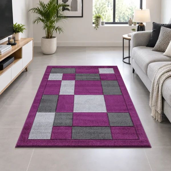 Havana Purple Grey geometric rug 120 x 170 cm, medium pile with jute backing, in a living room