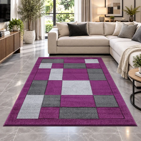 Havana Geometric Rug Purple Grey 160 x 230 cm Havana Purple Grey geometric rug 160 x 230 cm, medium pile with jute backing, in a living room