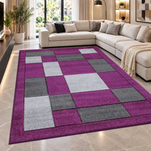 Havana Geometric Rug Purple Grey 200 x 290 cm Havana Purple Grey geometric rug 200 x 290 cm, medium pile with jute backing, in a living room