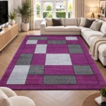 Havana Purple Grey geometric rug 240 x 320 cm, medium pile with jute backing, in a living room
