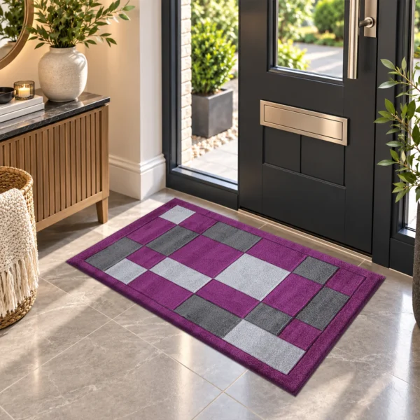 Havana Purple Grey geometric rug 60 x 110 cm, medium pile with jute backing, in a living room