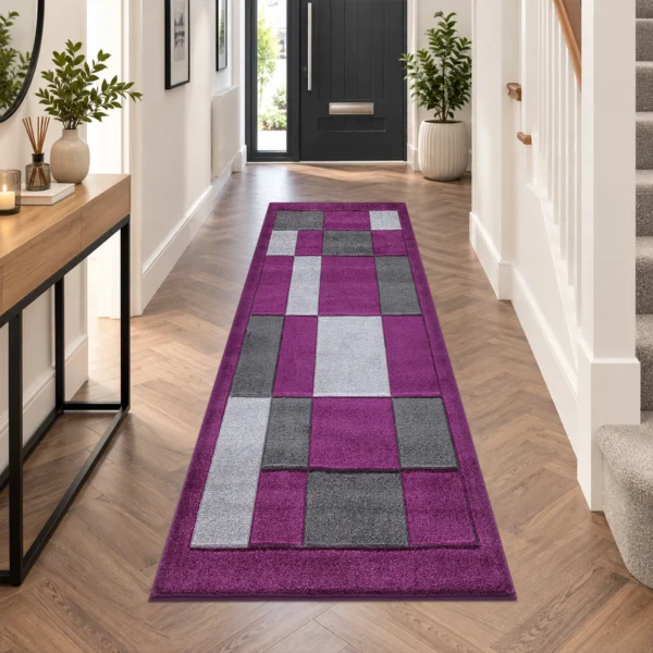 Havana Purple Grey geometric rug 60 x 220 cm, medium pile with jute backing, in a living room