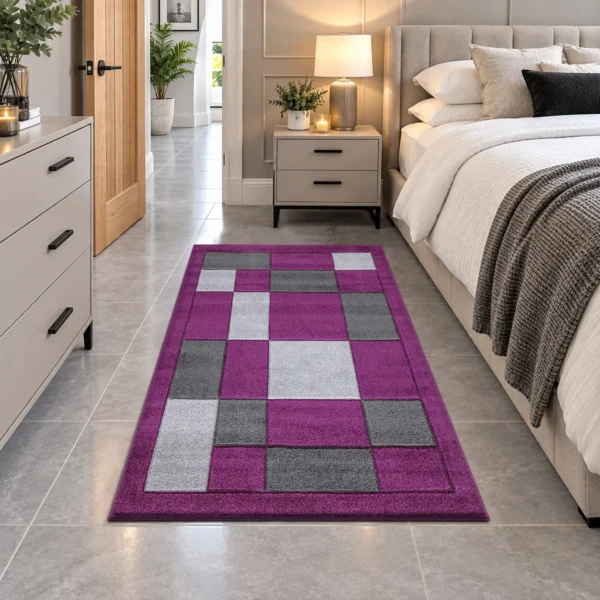 Havana Purple Grey geometric rug 80 x 150 cm, medium pile with jute backing, in a living room