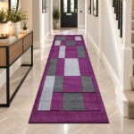 Havana Purple Grey geometric rug 80 x 300 cm, medium pile with jute backing, in a living room