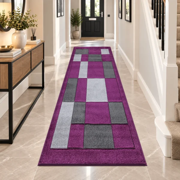 Havana Geometric Rug Purple Grey 80 x 300 cm Havana Purple Grey geometric rug 80 x 300 cm, medium pile with jute backing, in a living room