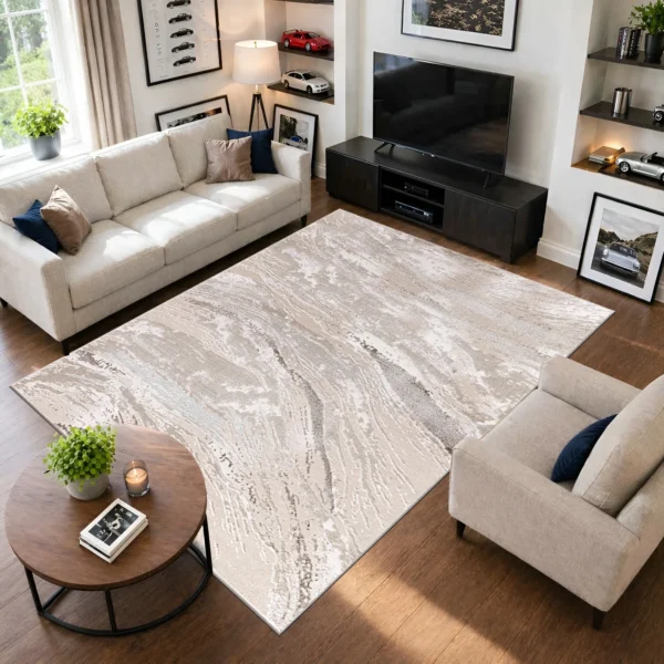 Jeze Abstract Rug Beige 200 x 290 cm Jeze Beige abstract rug 200 x 290 cm, medium pile with jute backing, in a living room