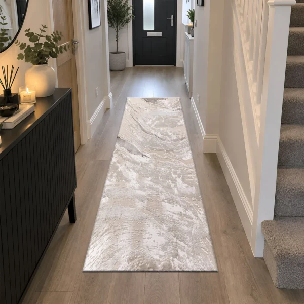 Jeze Abstract Rug Beige 60 x 220 cm Jeze Beige abstract rug 60 x 220 cm, medium pile with jute backing, in a living room